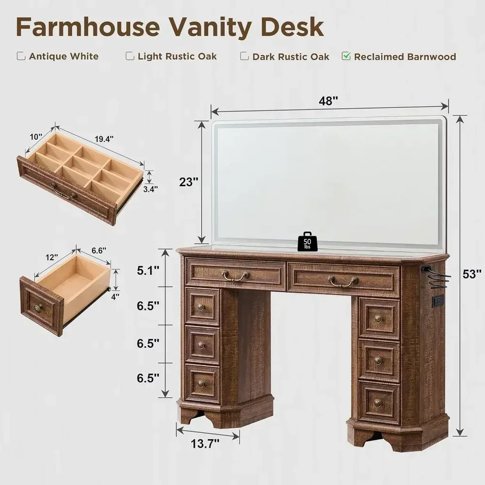 48 LED Lighted Makeup Vanity Desk with 8 Drawers, 3 Color Options, Glass Top & Power Outlet, Reclaimed Barnwood Style