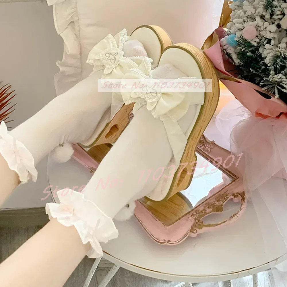 Bowknot Lolita Sweet Heart Slippers Women Lovely Casual Thick Soled Outside Comfy Mid Heels Shoes Trendy EVA Wood Pattern Mules