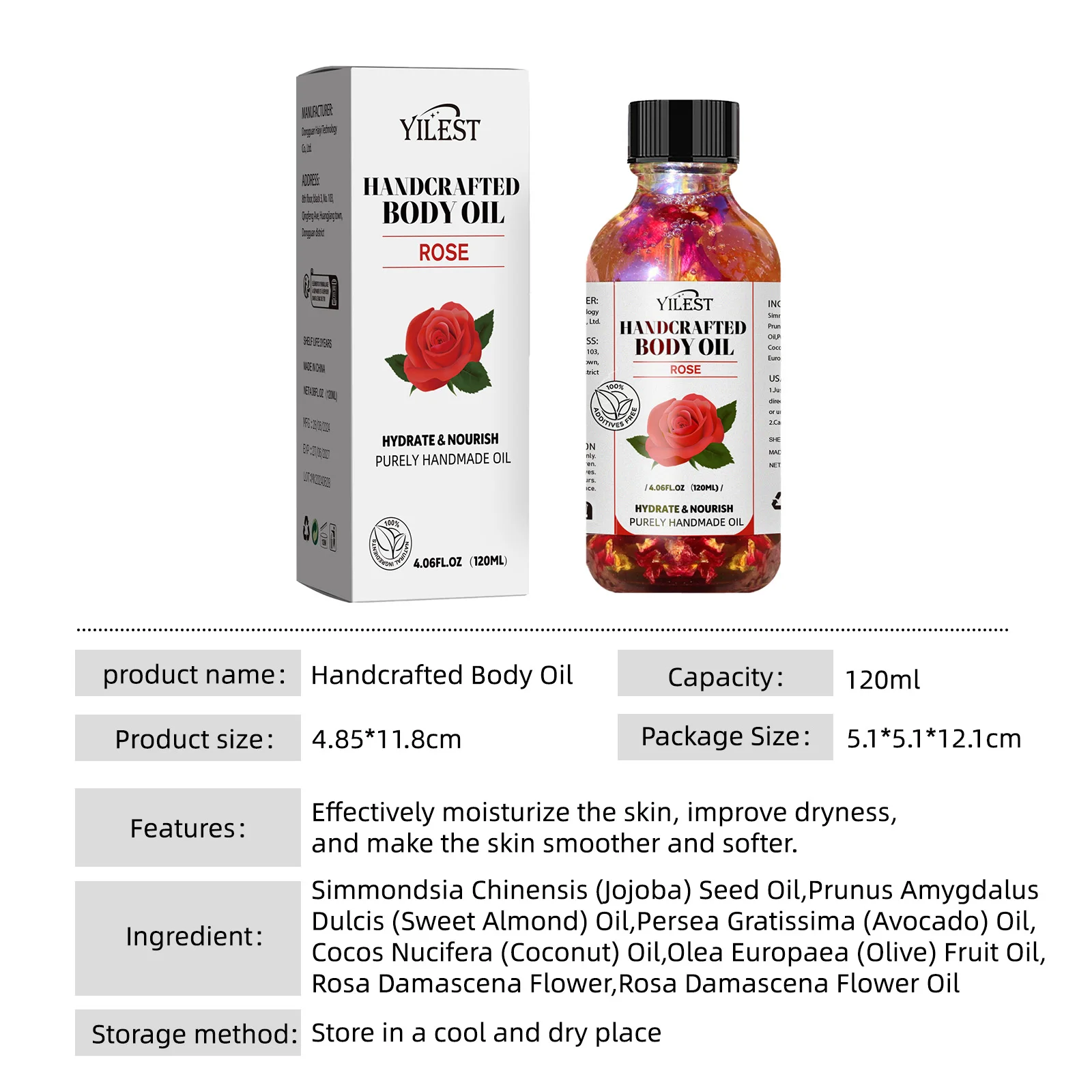 

120ml YILEST Handcrafted Rose Body Oil for Glowing Skin Hydrate, Nourish & Brighten Plant Deeply Repairs Oils