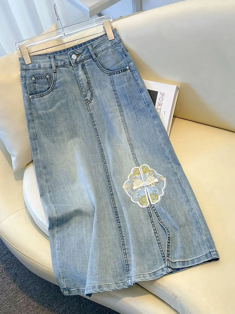 

High Waist A-Line Skirt Women's Spring Summer New Sle Chinese Sle Embroidered Button Denim Skirt Cotton Polyester Blend