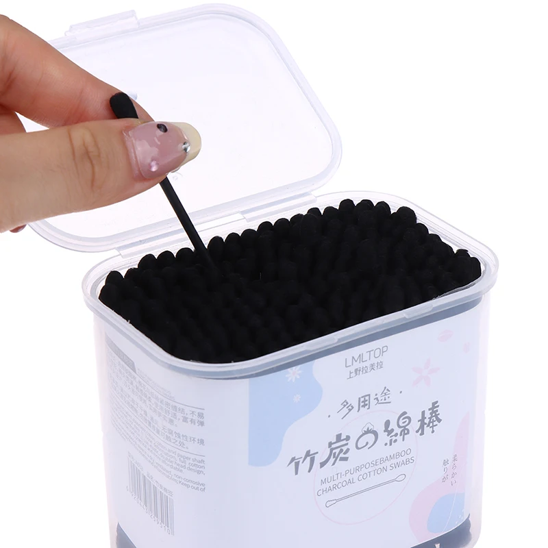 200pcs Disposable Cotton Swab Spiral Ear Cleaner Black Double Heads Swab Lipstick Eyebrow Eyelash Cotton Bud Makeup Tool