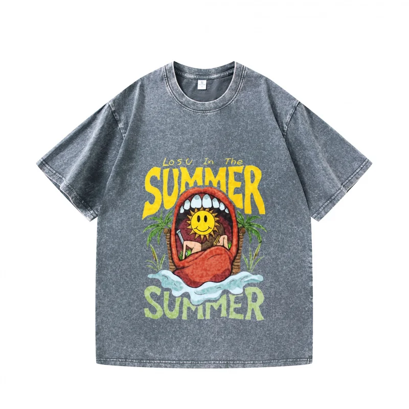 

Men's T-shirt Gray Summer Monster Print Casual Beachwear for Vacation Travel Daily Wear