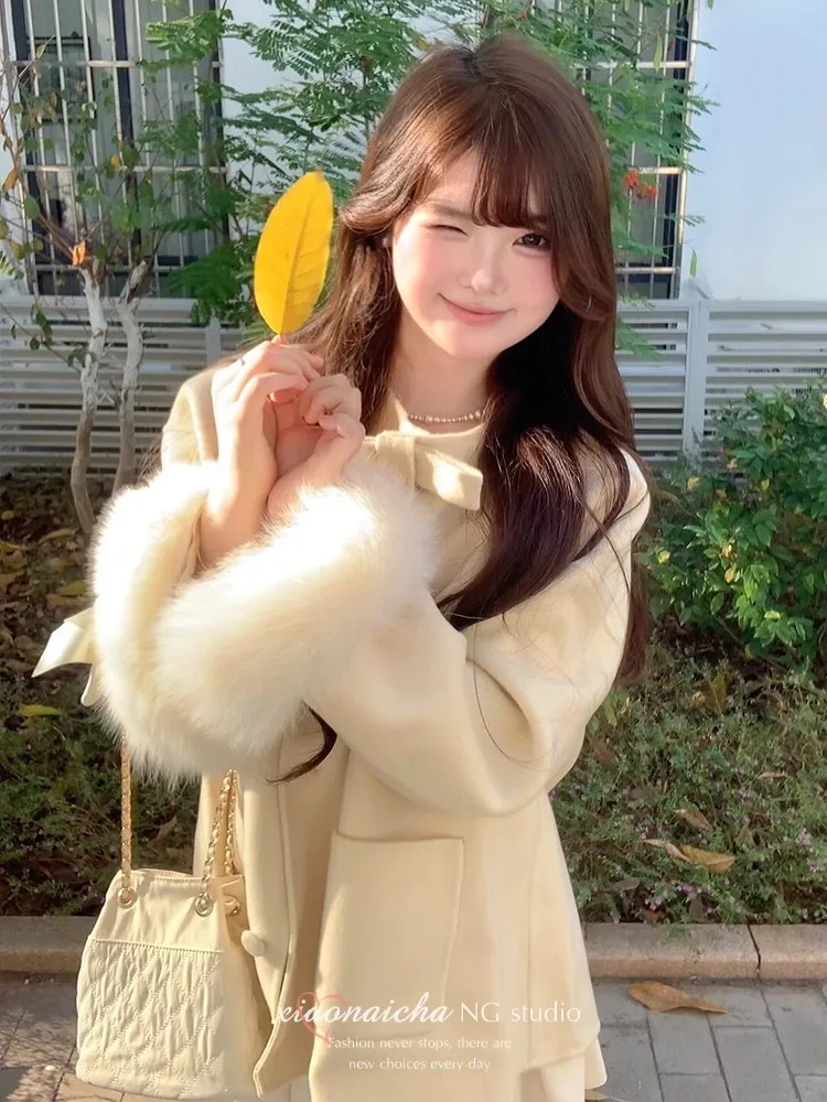 

Wool Blend Coats Womens Woolen Coat Korean Style Woman Winter Polyester Checkered Balloon Sleeve Button-Down Lined Waist-Closed