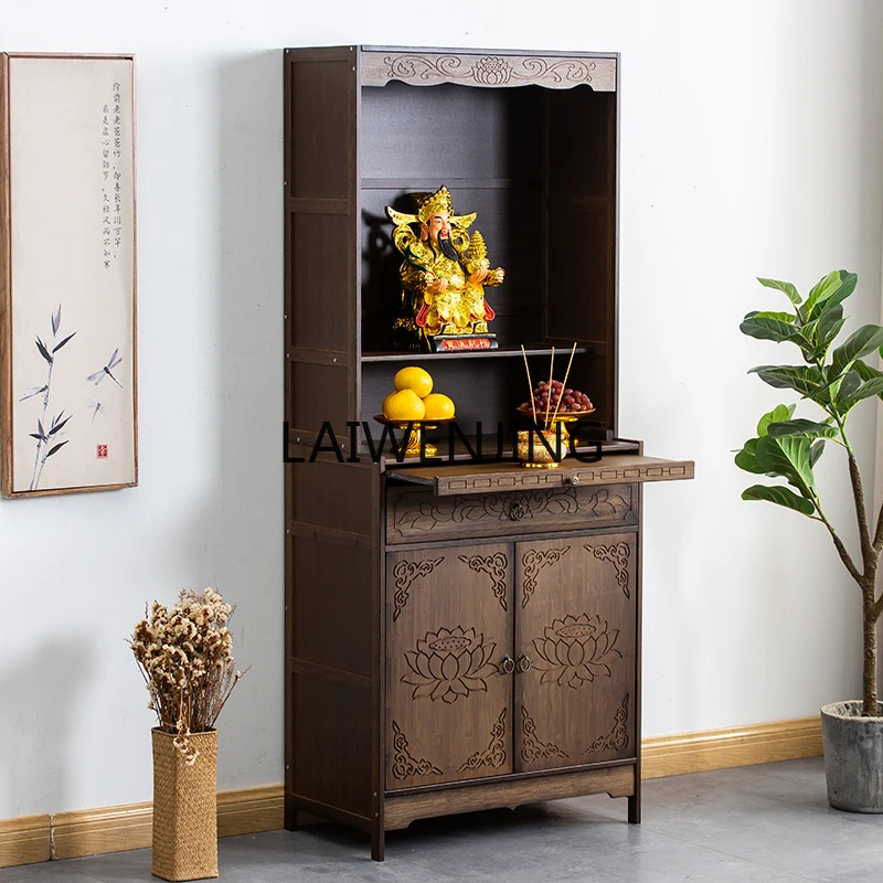 MJY Buddhist niche cabinet, household ancestral hall with Bodhisattva Guan Gong Buddha statue offering platform