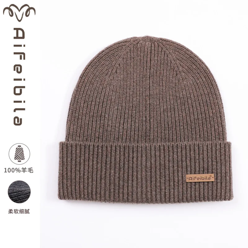 100%Pure Wool Knitted Hat Men's and Women's Autumn and Winter Thickened Warm Middle-Aged and Elderly Woolen Cap