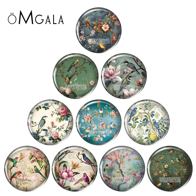 Vintage Lovely Birds with Flower Painting 12mm/16mm/18mm/25mm Round photo glass cabochon demo flat back Making findings