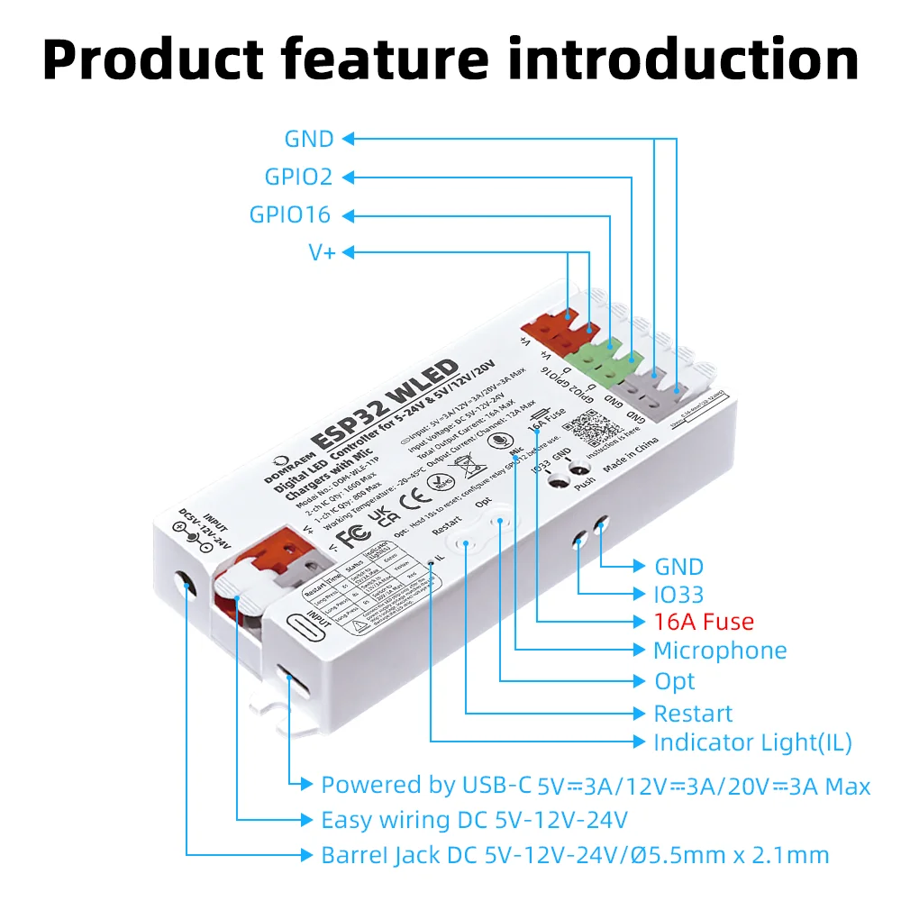 Image of DOMRAEM ESP32 WLED Controller PD Power Schnelle Einrichtung mit digitalem Mikrofon, Dual 5-24V DC Eingang, 16A Sicherung, SPI RGB IC LED-Streifen, Ton- und Musik-Synchronisation, kompatibel mit WS2811