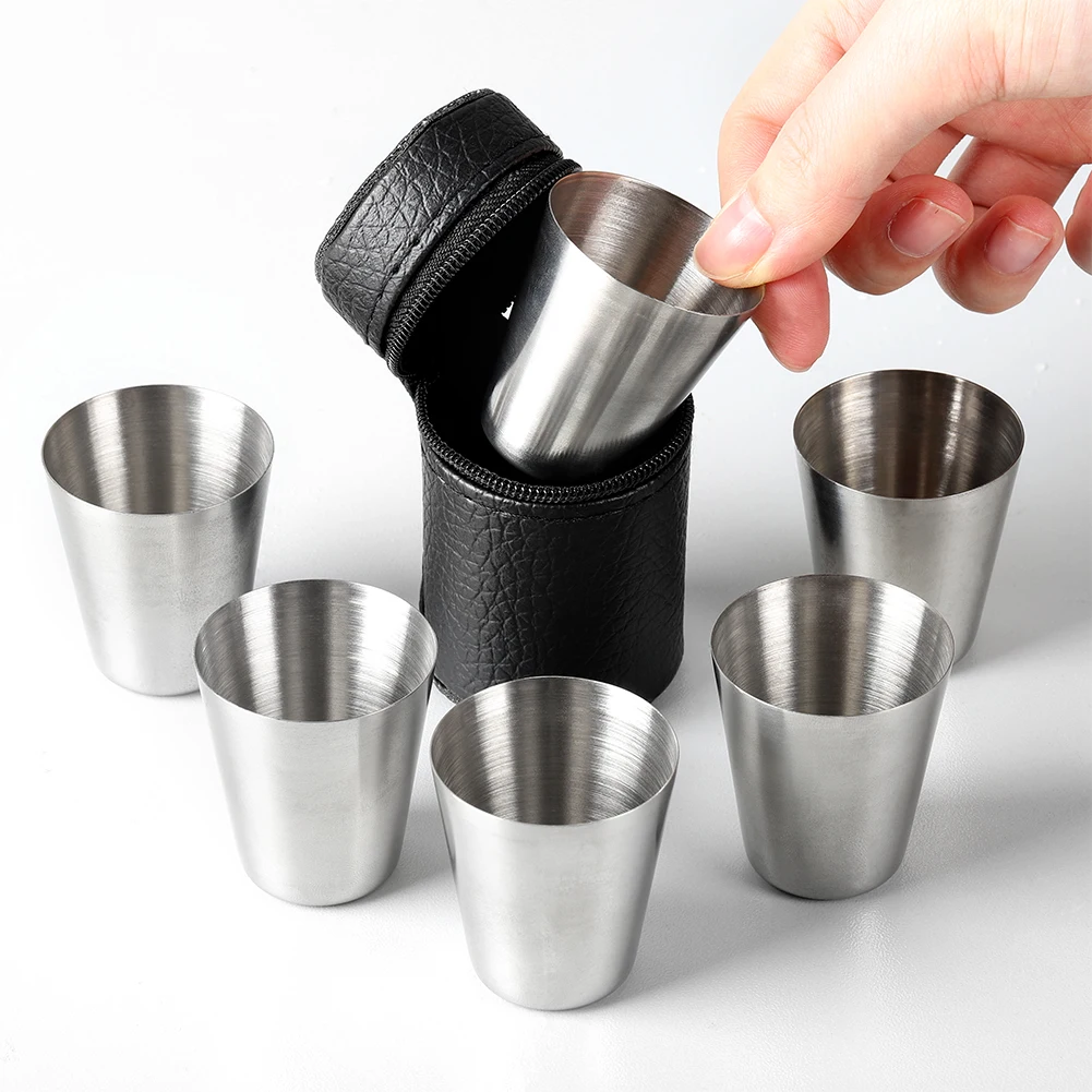 4/6Pcs Stainless Steel Cups Mini Glasses For Whisky Wine With PU Case Portable Outdoor Practical Travel Mugs Drinkware 30/70ml