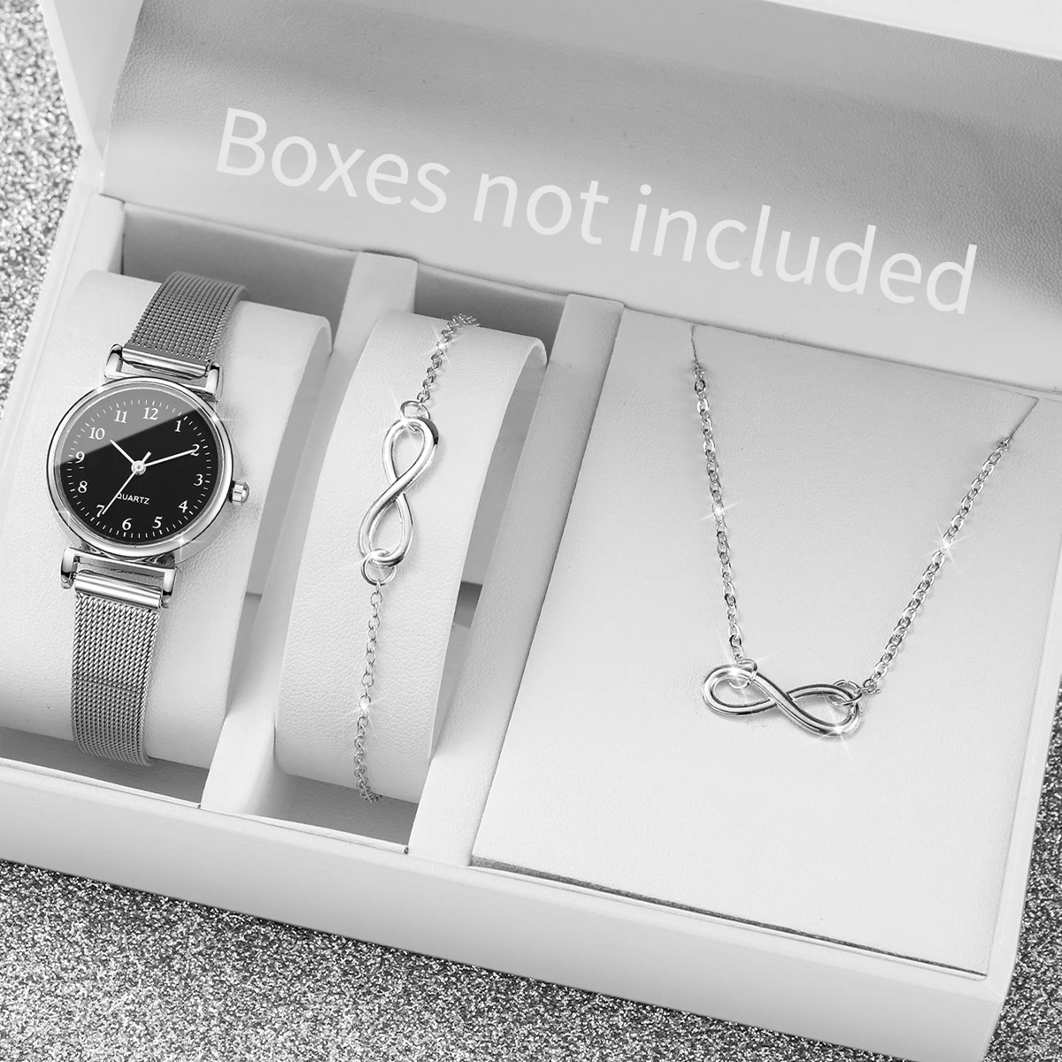 

3 шт. модные женские часы с маленьким арабским циферблатом, серебряные наручные часы с сетчатым ремешком, комплект украшений (без коробки)