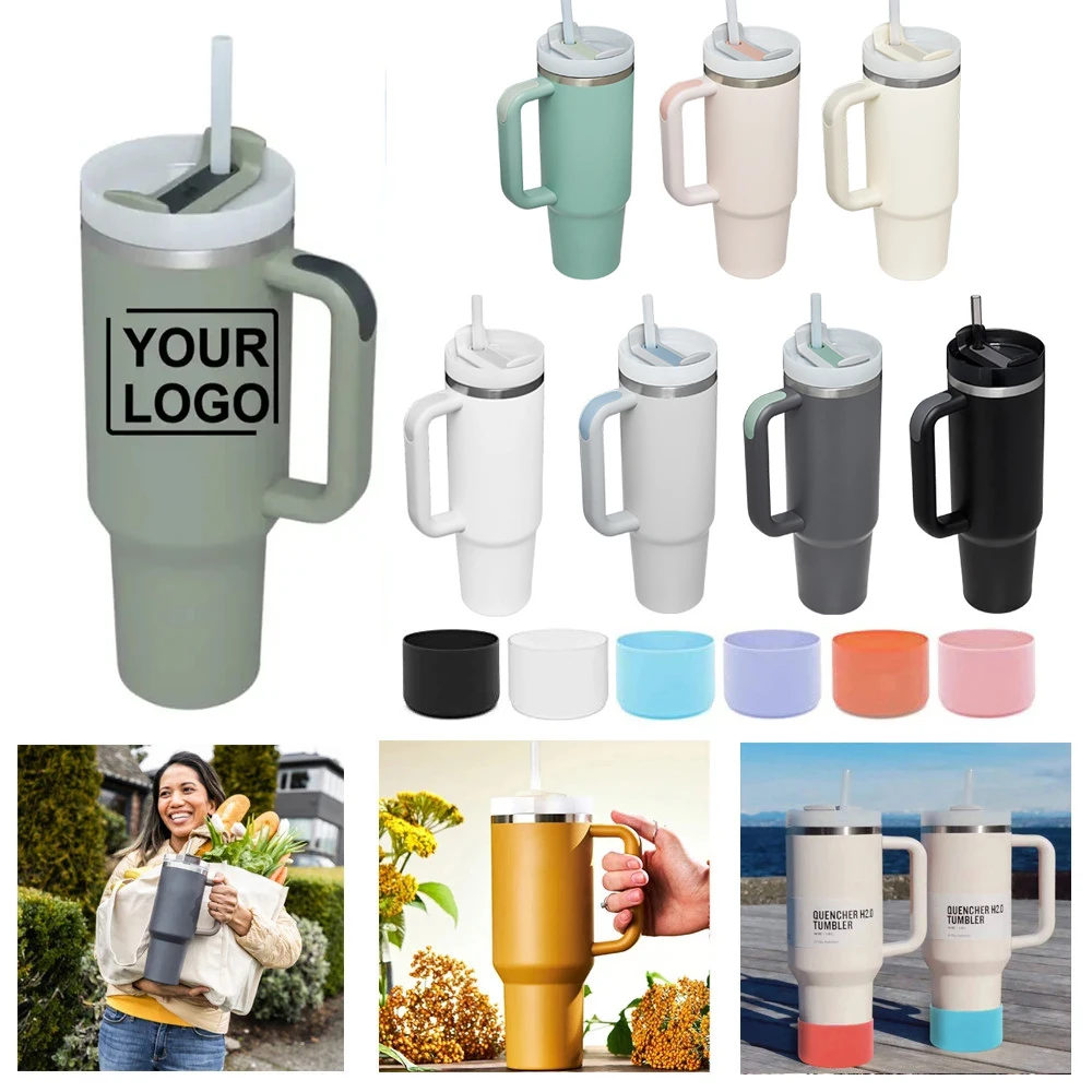 40oz Tumbler with Handle Straw and Silicone Boom Stainless Steel Vacuum Thermos Cup Large Capacity Travel Car Coffee Mug Logo