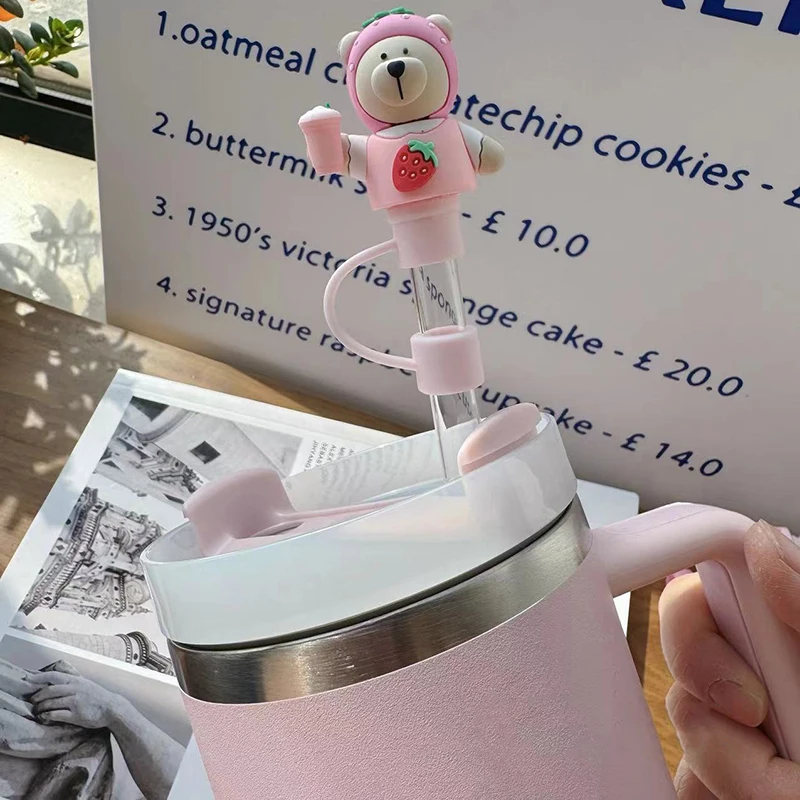 Cute Bear Straw Cover Caps For Stanley Cups Kawaii 10mm Straw Toppers For Tumbler Silicone Dust-Proof Creative Straw Tip Cover