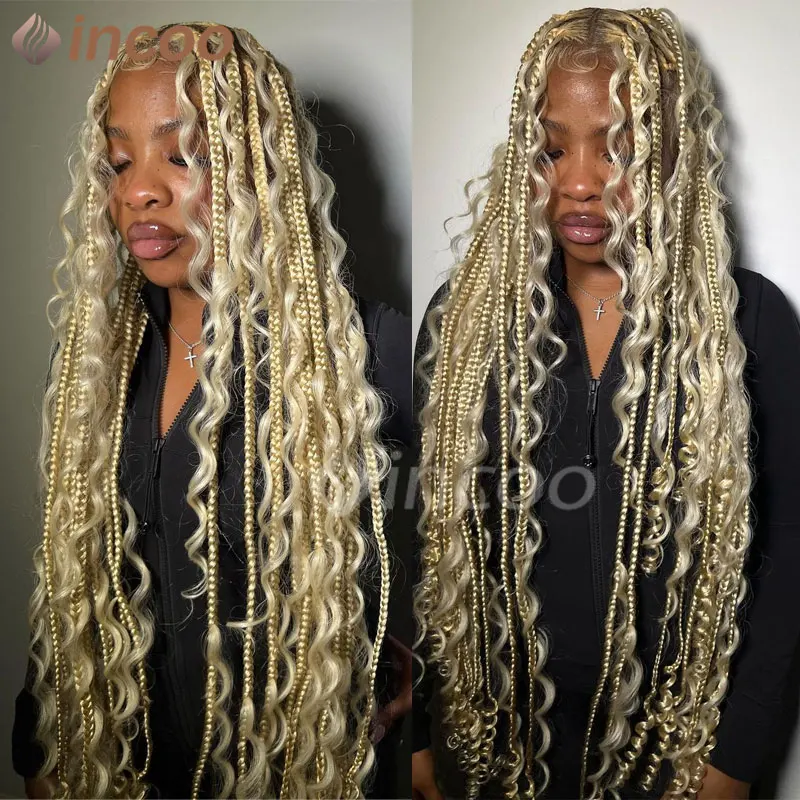 32" Synthetic Boho Box Jumbo Braided Wigs Curly End Blonde 613 Large Square Part Box Braided Wigs Lace Front Wig For Black Women