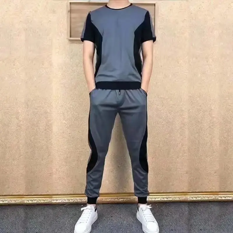Men's Short Sleeve T-shirt and Pants Suit, Casual Sportswear, Ice Silk, Jogging, Fitness Sports Sets, Male Loose Tracksuit