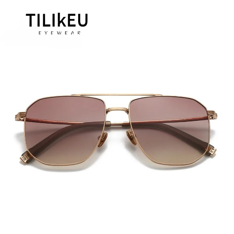 

Vintage Double Beam Pilot Driving Ultralight Polarized Pure Titanium Sunglasses Men's Senior Designer Big Face Travel Sunglasses