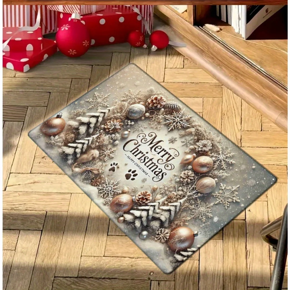 VIKAMA Christmas Doormat Non‑Slip Front Door Rug Washable Indoor Outdoor Xmas Snow Wreath Ball Ornament Winter Decor Mat Rug