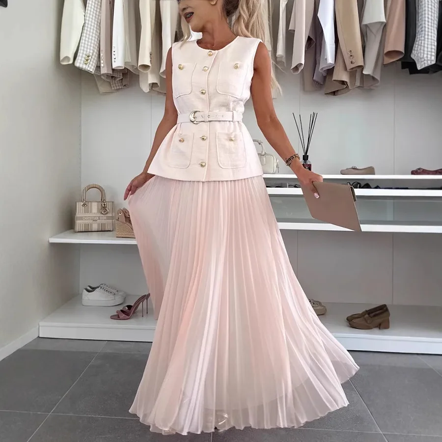 

Fashionable Socialite Skirt Two Piece Set Sleeveless Belt Vest Chiffon Pleated Skirts 2 Piece Sets Solid Color Elegant Lady Suit