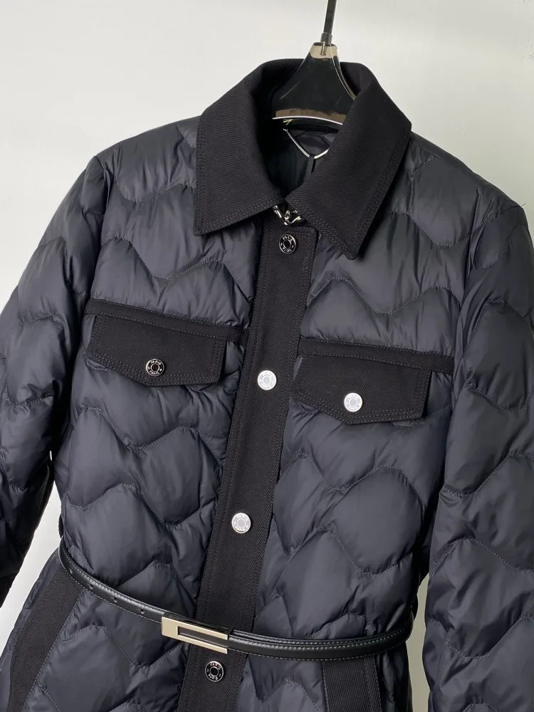 Wysokiej jakości damska kurtka puchowa jednorzędowa z paskiem, ciepła długa kurtka z kołnierzem, elegancka odzież biurowa, streetwear, casualowy płaszcz.