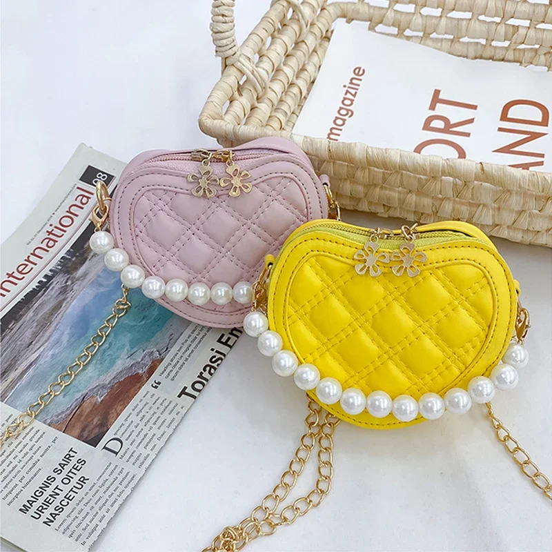 Cute Pearl Handle Kids Mini Shoulder Messenger Bag New Princess Wallet Coin Purse Handbags Girls Heart-shaped Crossbody Bags