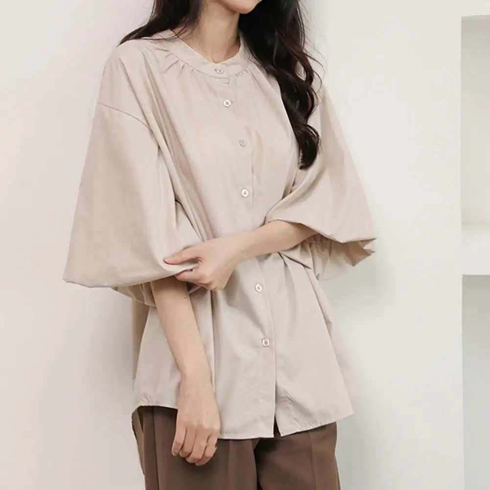 Puff Sleeve Top Stylish Women's Round Neck Puff Sleeve Blouse for Work Leisure Casual Loose Fit Solid Color Top with Single