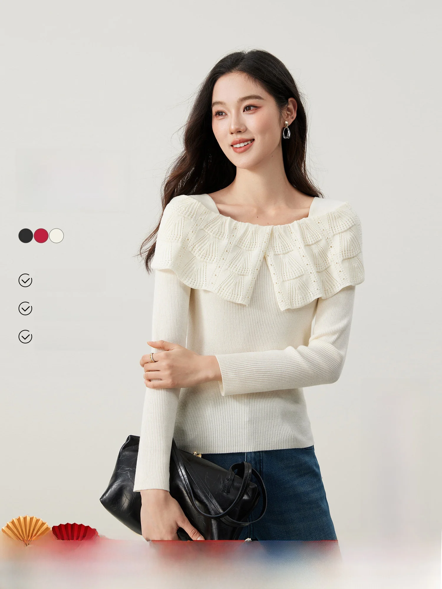 

Вязаный свитер Ele с вышивкой, ажурным воротником и дизайном на одно плечо, женский, зимний, модный, из мягкой шерстяной смеси, с коротким рукавом