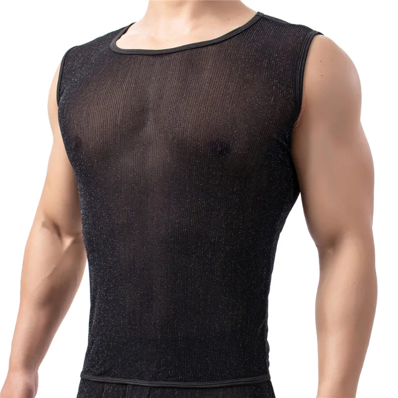 Sexy Sleeveless Mesh Transparent T-shirts Mens Lounge Tank Tops Sport Bodybuilding Slim Vests Casual Homewear Sexy Men Clothing