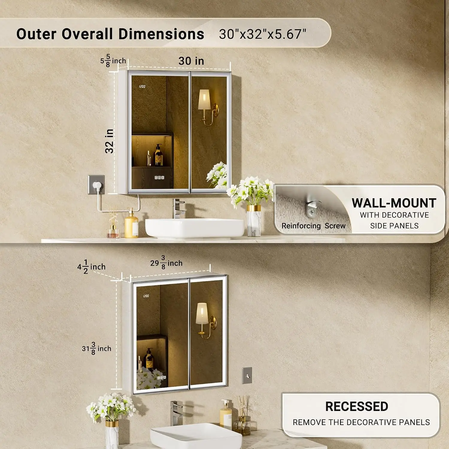 Lighted Aluminum Bathroom Cabinet, Surface or Recessed Mount, Dimmable 3 Color Temp, Defog, Outlet, Clock, Sensor Inner Light