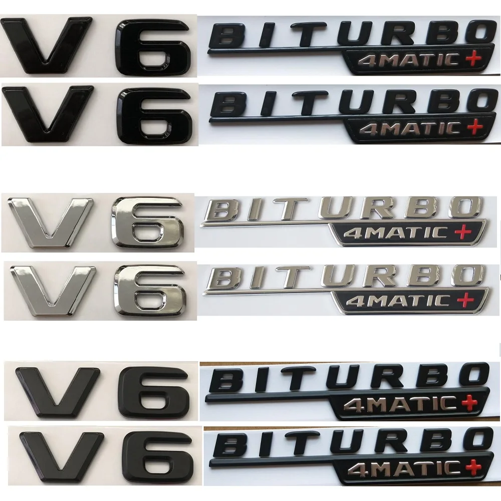 

For Mercedes Benz AMG Flat Letters V6 BITURBO 4MATIC+ Both Fender Emblems Badges V 6 BITURBO4MATIC+ Symbols Nameplate 2pcs/pair