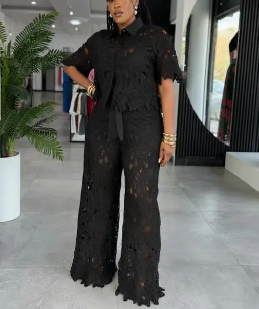 

Women's Two-Piece Set Elegant Commuting Hollow Lace Wide Leg Strap Set Sexy Hook Flower Hollowed Out Retro Elegant Pants Set