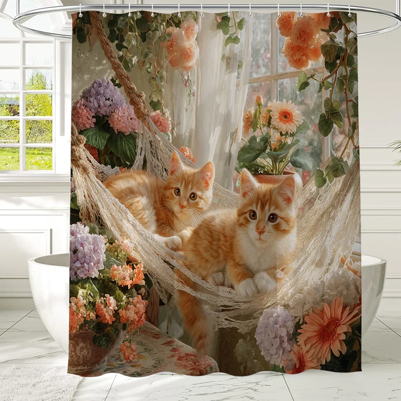 Cute Kitten Hammock Shower Curtain Floral Garden Bathroom Decor Pet Lover Gift Curtain