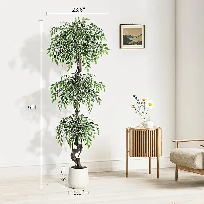 Artificial Ficus Tree, Lifelike Fake Ficus Plant with White Imitation Ceramic Planter, Natural Moss & Pebbles Decor, Stable Potted Faux Tree for Indoor Outdoor Home Office Bedroom Balcony - view 8