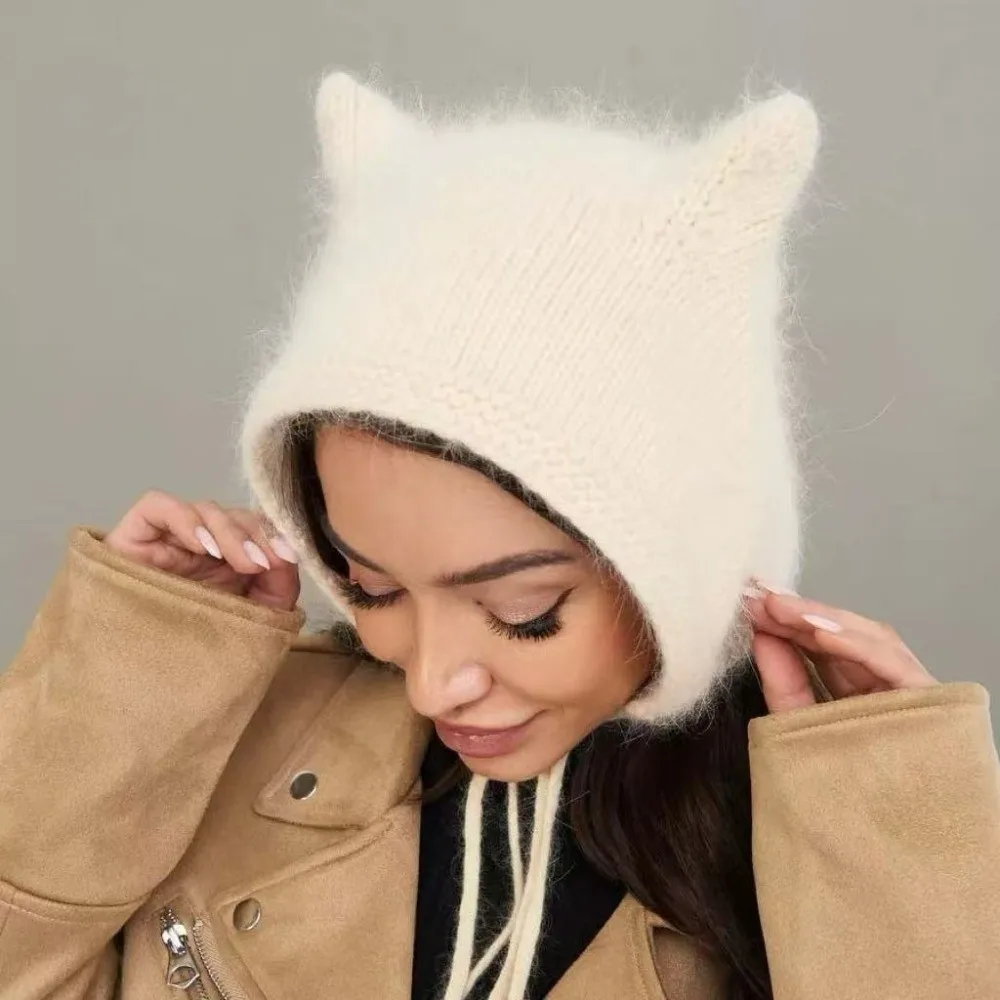 Cozy Laced Up Cat Ear Beanie Solid Color Soft Knit Winter Hat Foldable Winter Warm Fluffy Hat For Women