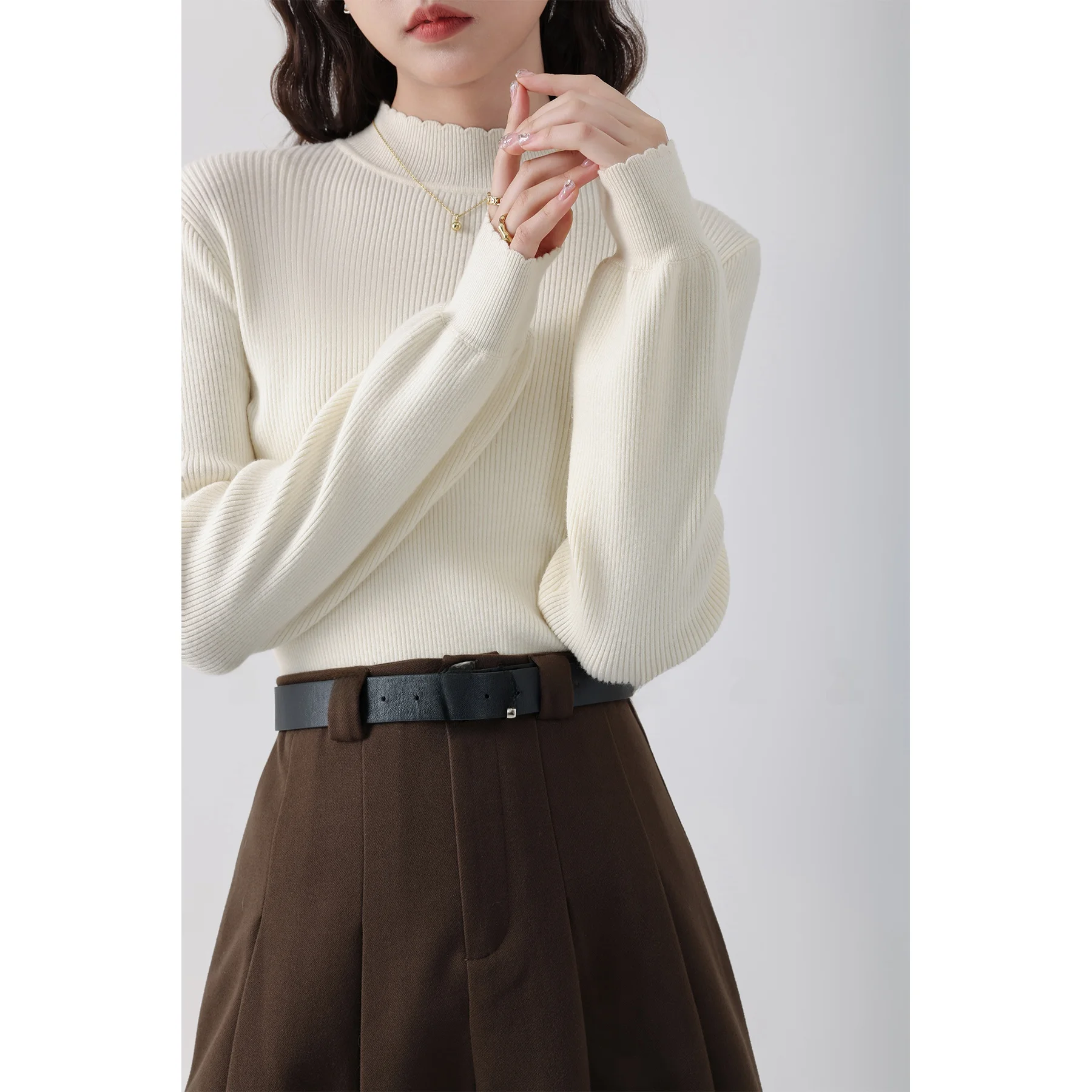 

Women's Knitted Long Sve Base irt Bubble Sve Inner Wear Commute Sle Korean Version Autumn Winter New Arrival Versat...