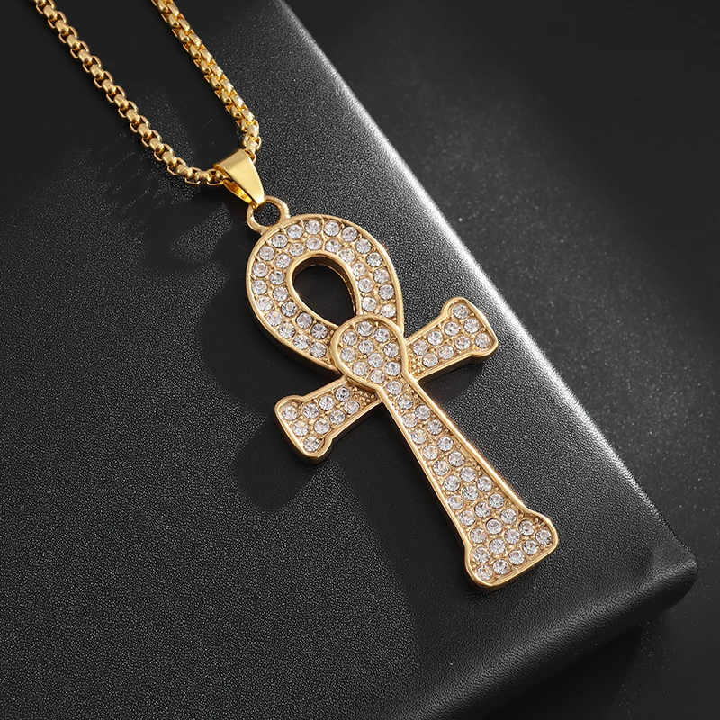 Shining Zircon Ankh Cross Pendant Necklace Ancient Egyptian Key of Life Pendant Fashion Hip Hop Amulet Gift for Men and Women