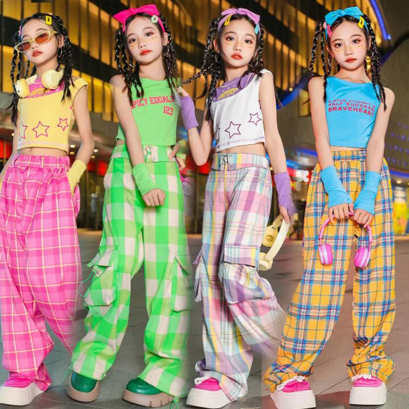 Hip Hop Outfits Girls Crop Tank Tops Pink Color Cargo Pants Children Joggers Streetwear Kids Kpop Dance Jazz Sweet Clothes Sets