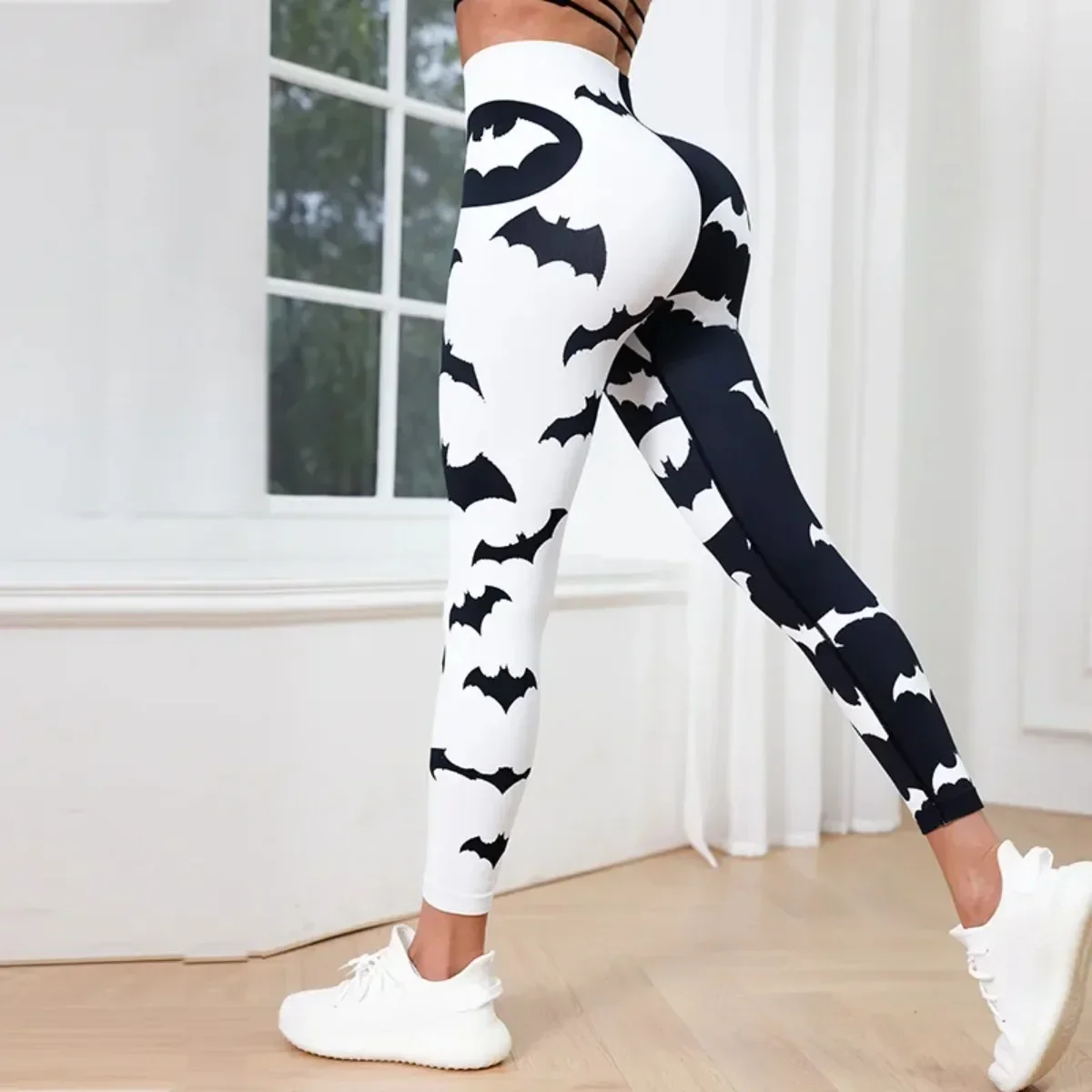 Women Yoga Leggings Black White Bat Printed Seamless Sexy High Waisted Fitness Exercise Gym Leggins Running Sports Pants Mujer