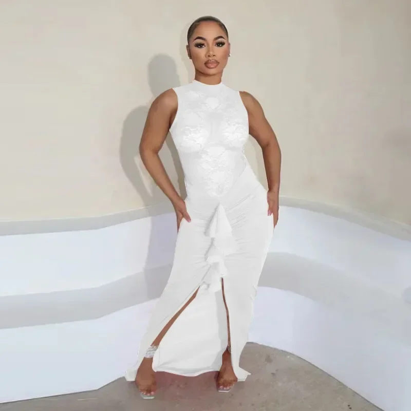 Guwu-女性のためのセクシーなレースのタイトなドレス,ノースリーブ,フリル,長いマキシドレス,透かし彫り,パッチワーク,イブニングパーティー,誕生日,夏