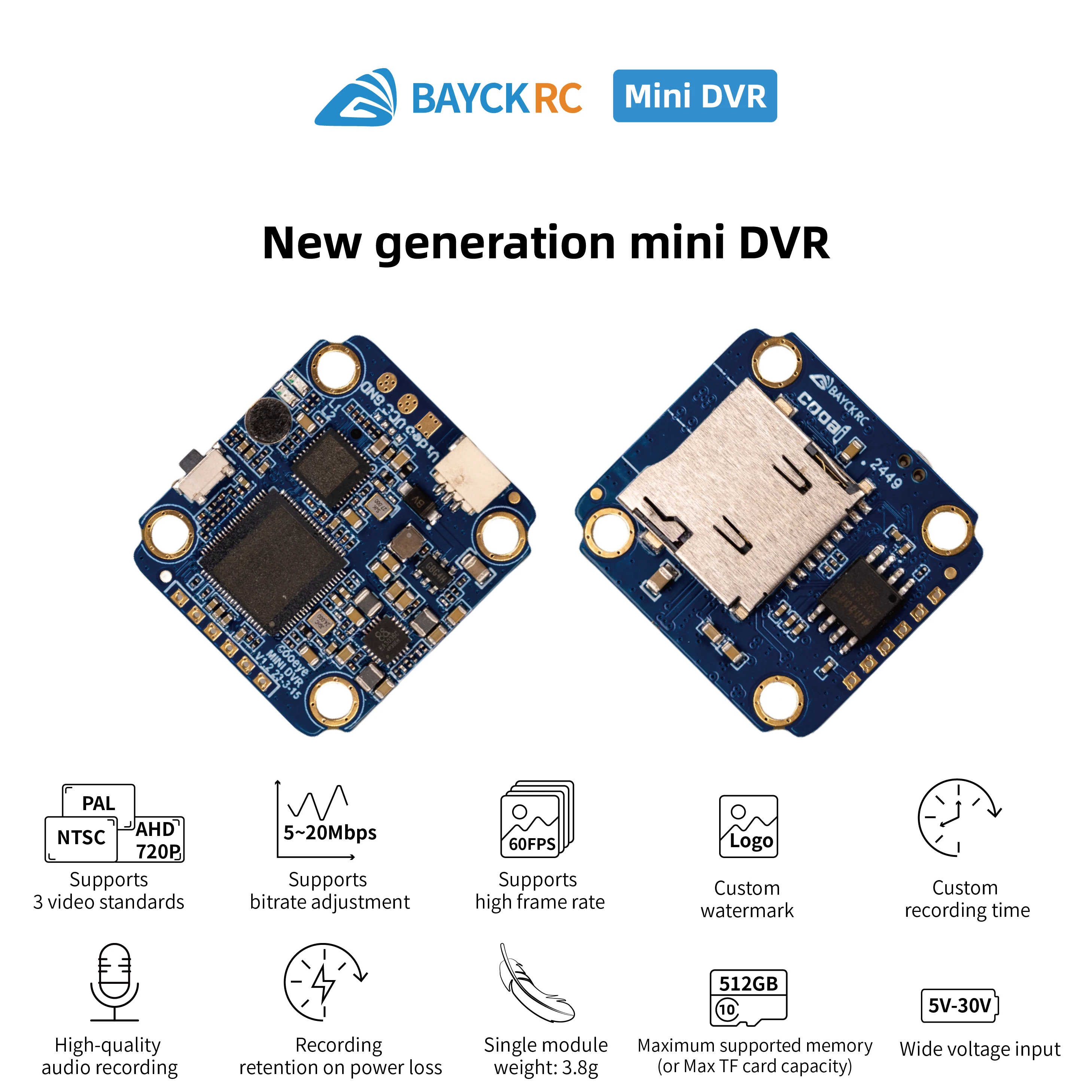 COOAI COOEYE BAYCK MINI DVR 5V-30V Unterstützung 512G MAX Micro SD PAL/NTSC/AHD720P (25/30/60fps) Kamera Video Modul Für Drone FPV RC – Detail 1