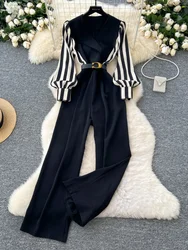 Striped Jumpsuits Women Vintage Lantern Sleeve Elegant Office Playsuits Female High Waisted Straight Pants Jumpsuits with Belt