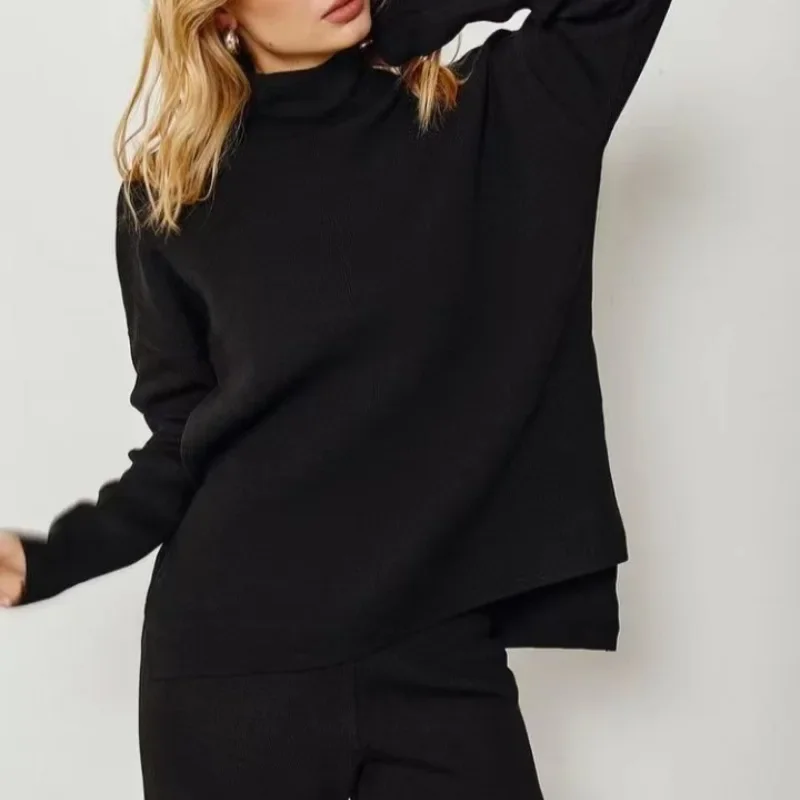 European and American Semi High Neck Sweater Women's Spring and Summer New Loose Solid Color Temperament Knitted Set