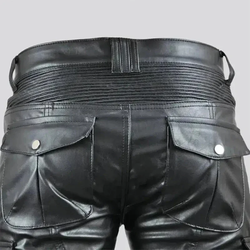 Pantalones rectos ajustados de piel sintética para hombre, pantalón negro mate, informal, Vintage, de PU, para motocicleta, con bolsillo, nuevo, personalizado