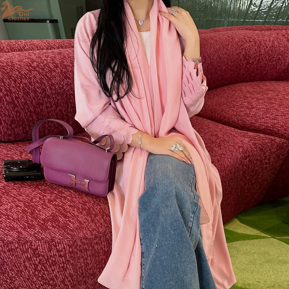 Uni Ramadan Dubai Rosa Chiffon Offene Abaya mit Hijab inklusive lockerer Ärmel muslimischer Strickjacke Marokkanischer Kaftan für Frauen