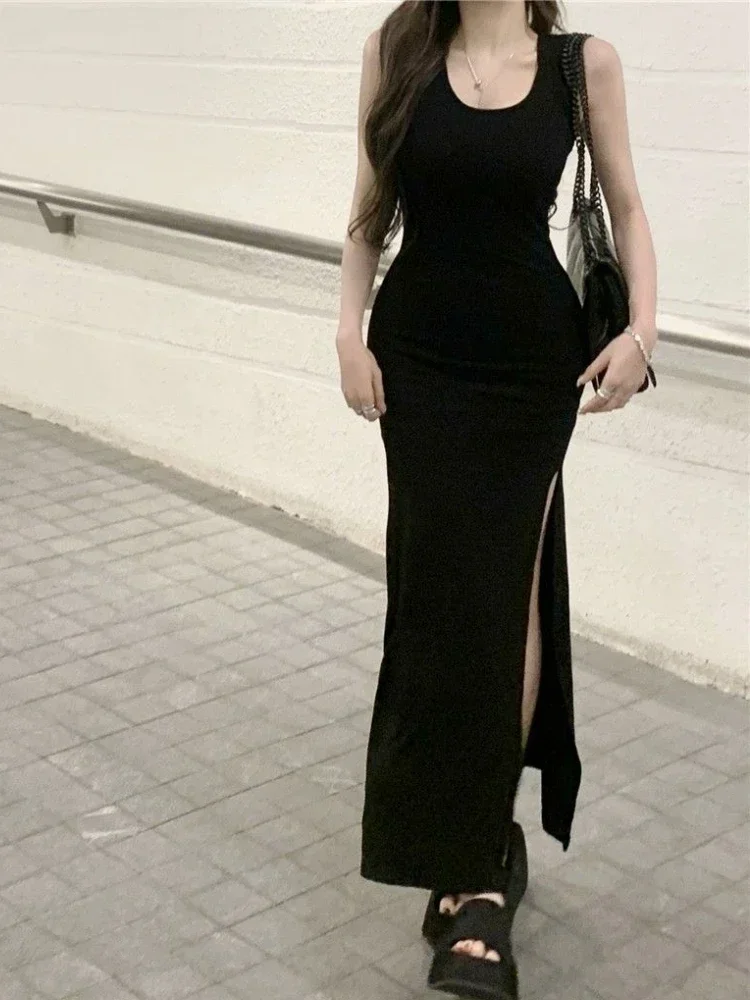 Abiti con spacco nero Donna senza maniche Hotsweet alla caviglia Casual Estate Aderente Temperamento Moda femminile Stile coreano Classico