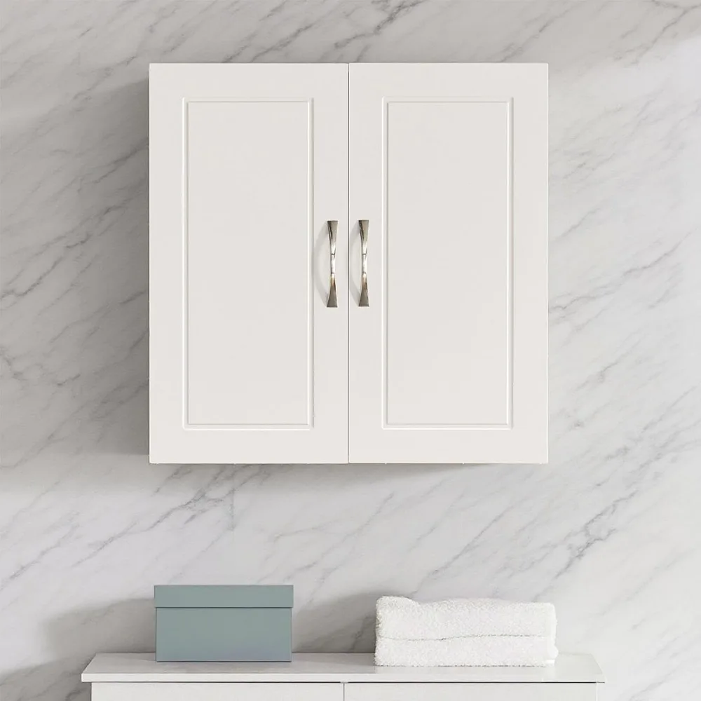 

White Wall Cabinet for Bathroom and Laundry Room, Over Toilet Storage with Doors and Adjustable Shelf, Small MDF Organizer