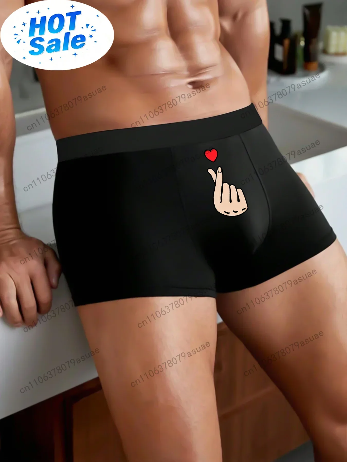 1 Men's Creative Heart-Shaped Hand Gesture Print Boxer Briefs Breathable Soft Stretchy Underwear Trendy Pattern for Sports and