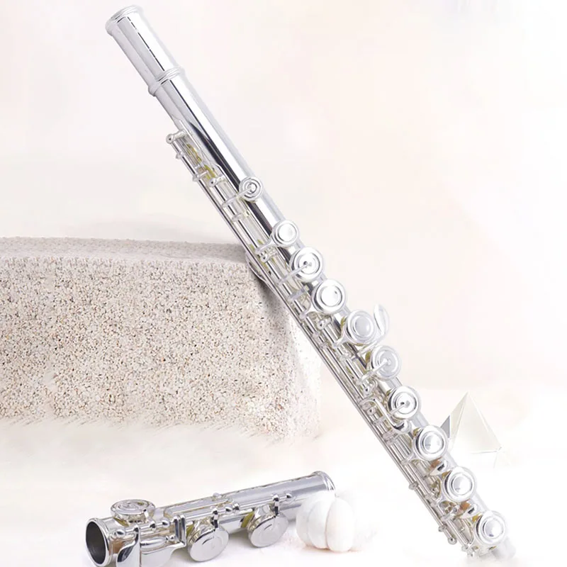 Silvery 16 Hole Flute Silver Alloy Transverse Flute Professional Traditional Musical Instruments Flute Adults Free Accessories