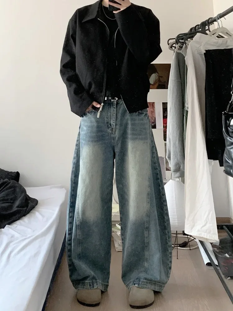 

Гонконгские мужские джинсы с высокой талией, прямые брюки, свободный крой, удлиняющие ноги, американская уличная одежда, осенне-зимние джинсовые брюки