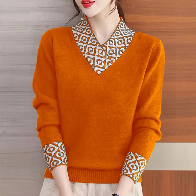 Korean Fashion Panelled Knit Sweaters All-match Women Clothing Long Sleeve V-Neck Spring Autumn Bottoming Loose Casual Pullovers