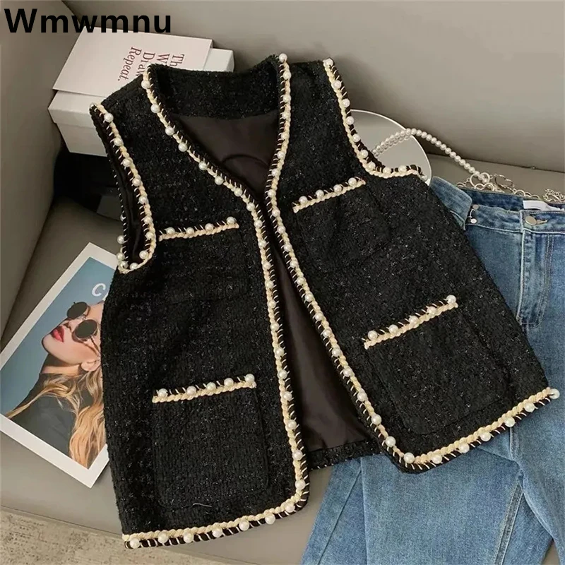 Chic Pearl Buckle Waistcoat Women Wool Blend Sleeveless Jacket Korean Chaleco Woolen Spring Fall Vintage Tweed Plaid Vest New