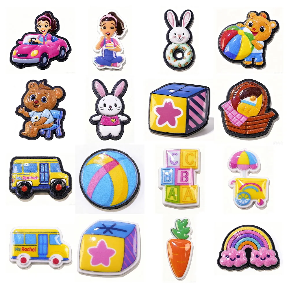Cute Baby Shoe Charms School Bus Rainbow ABC Building Blocks Clog Shoes Decoration Pins PVC Boys Girls Shoe Accessories Gifts
