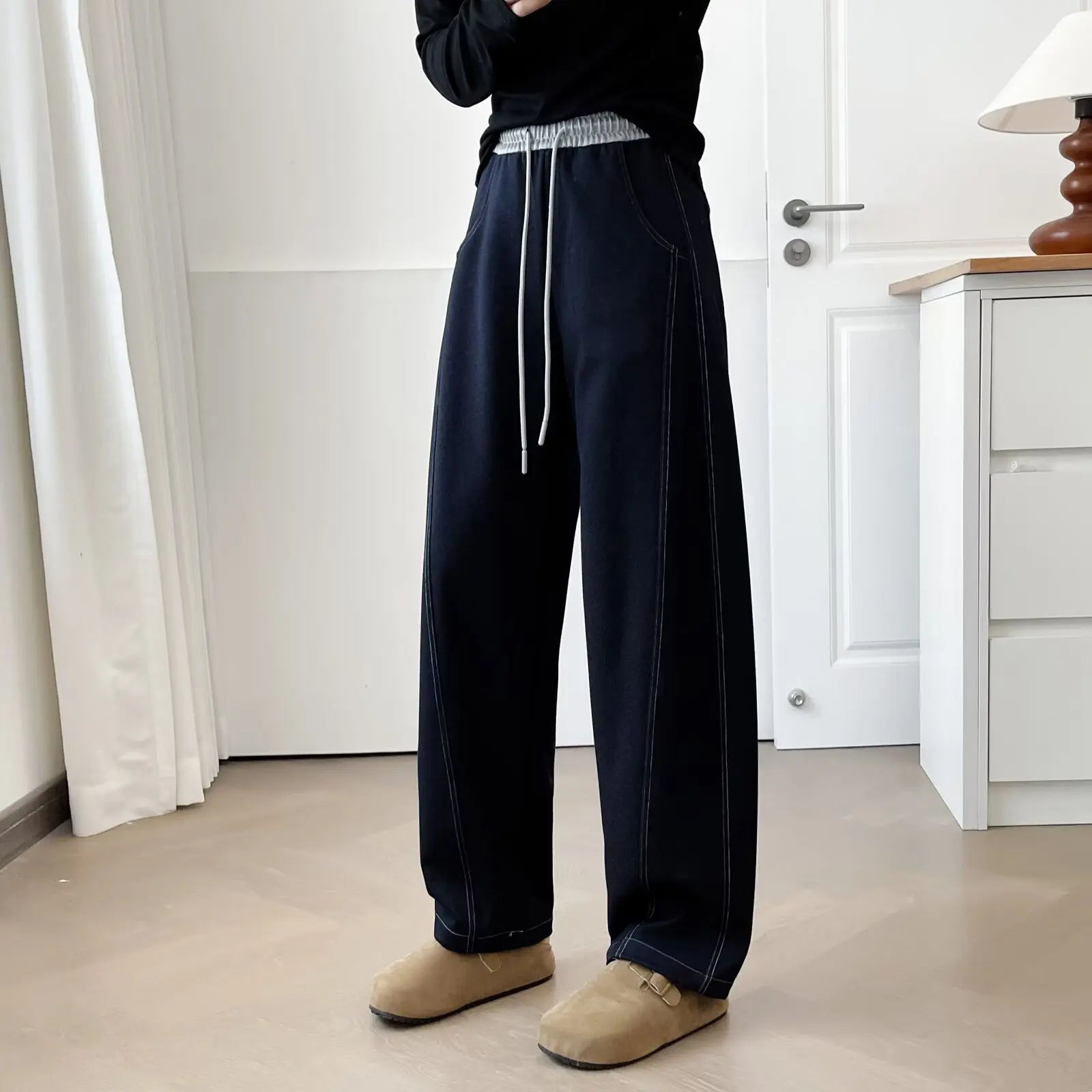 

Fashion Plus Size Women's Jeans Autumn New Style Drawstring Elastic Waist Casual Bright Line Harem Pants 8213